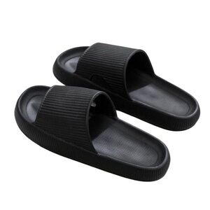 Women's Solid Black Slides Lightweight Open Toe Slip On Shoes
